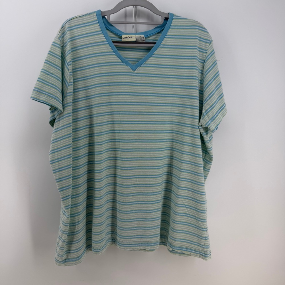 Cherokee T-Shirt Women 3X Blue Green Striped V-Neck Cotton Tee Casual Core Comfy